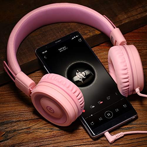 noot products Kids Headphones K11 Foldable Stereo Tangle-Free 5ft Long Cord 3.5mm Jack Plug in Wired On-Ear Headset for iPad/Girls/Boys/School/Laptop/Travel/Plane/Tablet-Soft Pink