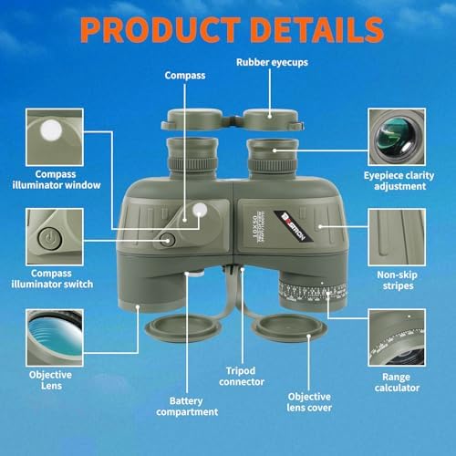 10X50 Marine Binoculars with Rangefinder Compass,Phone Adapter,Strap,BAK4 Lens,Shockproof Military Tacticle IPX7 Floating Waterproof Binocular for Adults Sailing Boating Hunting Birdwatching