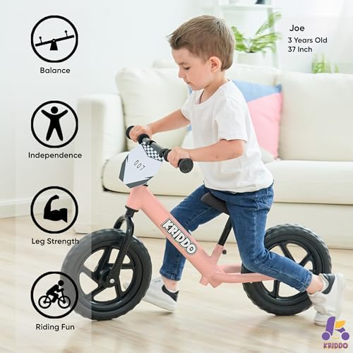 KRIDDO Toddler Balance Bike 2 Year Old, Age 24 Months to 5 Years Old, 12 Inch Push Bicycle with Customize Plate (3 Sets of Stickers Included), Steady Balancing, Gift Bike for 2-3 Boys Girls, Pink