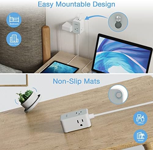 Small Flat Plug Power Strip, TESSAN Ultra Thin Extension Cord with 3 USB Wall Charger (1 USB C), 3 Outlets Mini Charging Station, 5 ft Slim Plug for Cruise Travel Office School Dorm Room Essentials