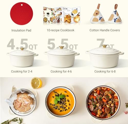 Overmont Enameled Cast Iron Dutch Oven - 5.5QT Pot with Lid Cookbook & Cotton Potholders - Heavy-Duty Cookware for Braising, Stews, Roasting, Bread Baking white