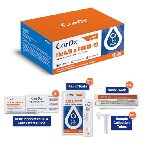 CorDx Tyfast at Home Flu A/B and COVID 19 Rapid Test Kit, Easy, Accurate, Fast Results in 10 Minutes, (10-Pack)