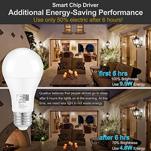 Dusk to Dawn LED Light Bulbs Outdoor, Automatic On/Off, 60W Equivalent, Warm White 3000K, Energy Efficient 9.5W, 850 Lumen, A19, E26 Base, 4-Pack, HQ-H009