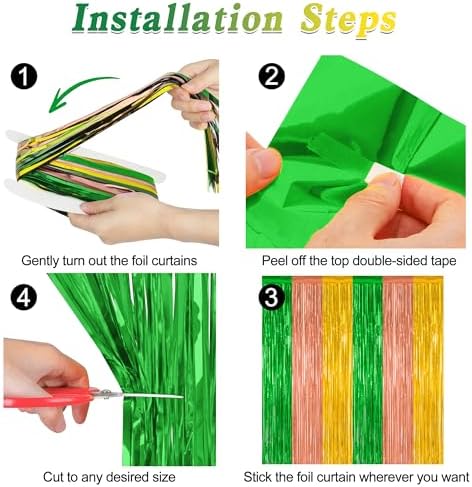 4 Pack Hawaiian Party Decorations, 3.28 FT x 7.05 FT Hawaii Tinsel Backdrop, Green Brown Yellow Foil Curtains Fringe Backdrop Party Streamer, Metallic Summer Decor Luau Party Decorations