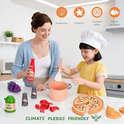 80pcs Pretend Play Kitchen Set for Toddlers, Kids Cookware Playset with Pots/Pans/Food/Fruits/Vegetables/Picnic Blanket/Storage Basket, Pink Educational Learning Toy Gift for Boys & Girls