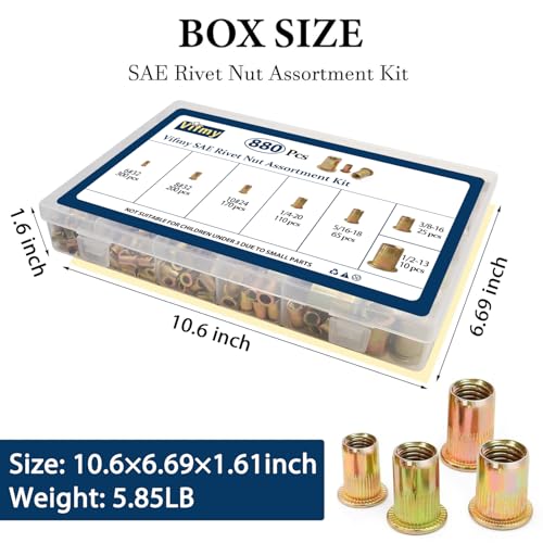 SAE Rivet Nut Assortment Kit(880 Pcs), #6-32#8-32#10-24 1/4"-20 5/16"-18 3/8"-16 1/2"-13 UNC Flat Head Rivnut Set, Zinc Plated Finish Carbon Steel Nutsert