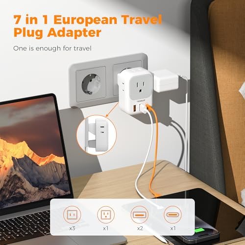 TESSAN European Travel Plug Adapter, Europe Adapter with 4 Outlets and 3 USB(1 USB C PD 20W), International Foldable Plug Type C Power Adaptor for EU Spain France Italy Germany Portugal Iceland