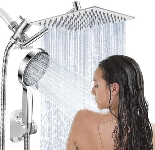 Shower Head,8”Rain Shower Head with Handheld Spray Combo with 11'' Angle Adjustable Extension Arm/Flow Regulator/Shower System,High Pressure Rainfall Shower Head Bathroom,Chrome