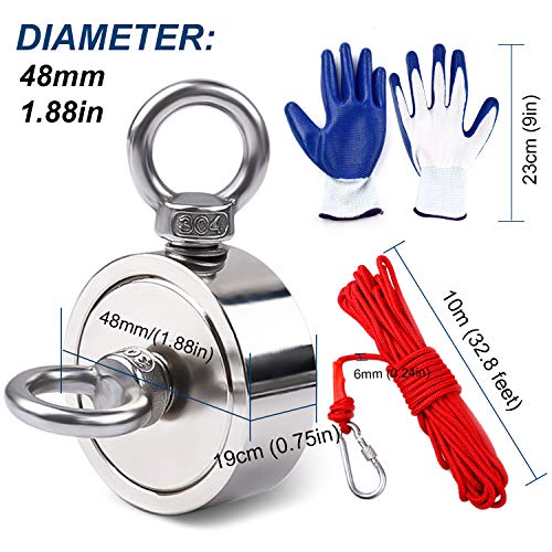 DIYMAG Strong Double Side Neodymium Fishing Magnets,550 lbs(249 KG) Pulling Force Rare Earth Magnet with 20m (65 Foot) Durable Rope and Protective Gloves,for Retrieving in River and Magnetic Fish