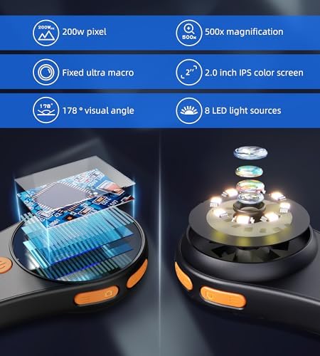 T TAKMLY Magnifying Glass with Light Portable Handheld USB Digital Microscope Macro Camera 2.0 inch IPS Color Screen Fixed Focus, 200w Pixel, 500x Magnification, Compatible with Windows, Mac OS