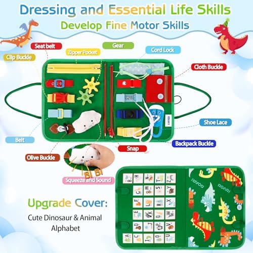 Esjay Toddler Busy Board Montessori Toys for Boys and Girls, Sensory Board Educational Activities for Learning Fine Motor Skills, Birthday Gifts Toddlers, Travel Toys for Airplane Car, Green Dinosaur