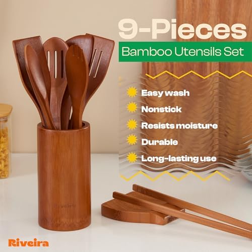 Riveira Premium Brown Bamboo Wooden Spoons for Cooking Set of 9 – Premium Brown Bamboo Wooden Cooking Utensils, Wooden Spatula, Wooden Spoon - Premium Quality Wooden Utensil Set for Non-Toxic Cooking