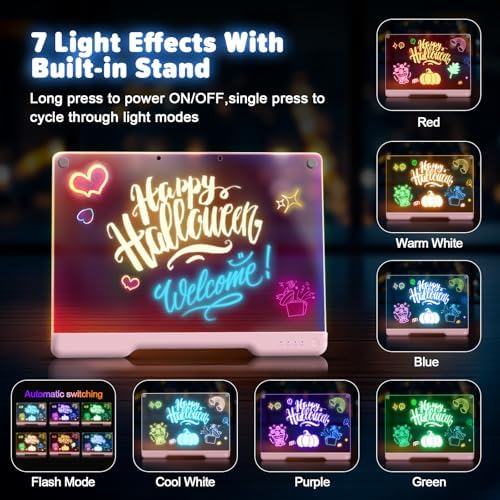 16-Inch Rechargeable Doodle Glow LED Note Board, 7-Color Light Modes, Neon Art Dry Erase Light Up Drawing Pad with Built-in Stand, Sketching Gift Toy for Kids/Girls/Teens, 5 Markers & Tracing Book