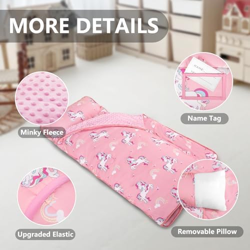 Primlect Thickened Toddler Nap Mat with Removable Pillow and Minky Blanket, Extra Large 55''x35'' Sleeping Bag, Washable, Roll up, Perfect for Daycare, Preschool, Kindergarten, Boys and Girls Unicorn