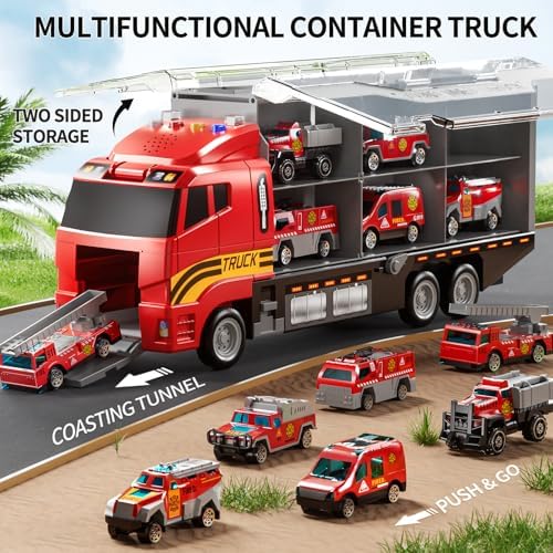 Toddler Boys Toys for 3-5 Years Old, Fire Truck Vehicle Set with Play Mat, Die-Cast Toy Car Carrier Truck for Kids, Birthday Gifts Toys for 3-8+ Year Old Boys