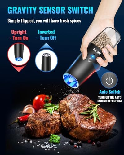 Rechargeable Electric Pepper and Salt Grinder Set, No Battery Needed, whit Gravity Sensing Switch and LED Light, One Hand Automatic Operation, Black 2 Pack