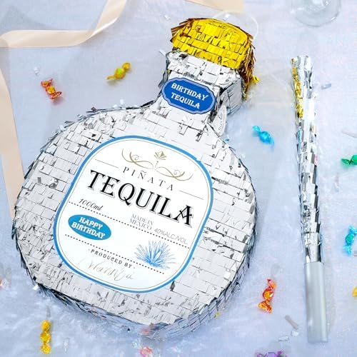 WERNNSAI Tequila Bottle Pinata - Disco Party Decorations for Adults Silver Patron Tequila Pinata with Blindfold for Bachelor Birthday Party Supplies 11.7” x 16.5”