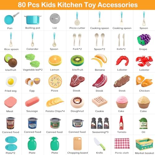80Pcs Kitchen Playset, Toddler Pretend Cooking with Pots, Pans, Cookware, Food, Picnic Blanket, Fruits, Veges, Shopping Storage Basket, Dessert, Learning Gift for Girls Boys (Turquoise)