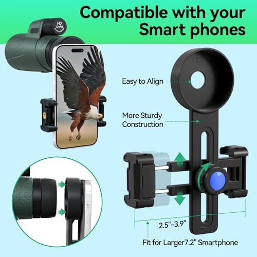 12x50 HD Monocular for Adults High Powered with BAK4 Prism & FMC Lens,Lightweight with Smartphone Adapter, High Powered Monocular with Clear Low Light Vision for Star Watching, Bird Watching, Hiking