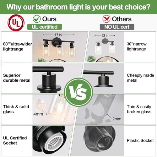 3-Light Bathroom Light Fixtures, Black Modern Vanity Lights with Clear Glass Shade, Bathroom Wall Lamp for Mirror Kitchen Living Room Hallway Cabinet Porch