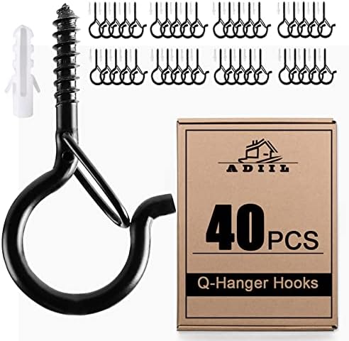 ADIIL 40 PCS Q Hanger Hooks with Safety Buckle, Windproof Screw Hooks for Hanging Outdoor String Lights, Plants, Christmas Patio Lights, 2.2 Inches, Black