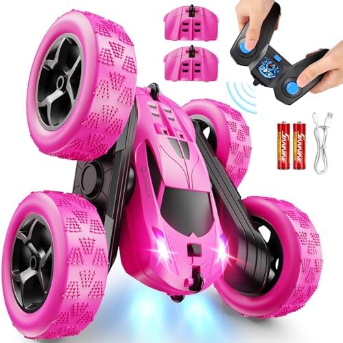 RC Cars, Rose Remote Control Car for Girls, 2.4 GHZ Double Sided RC Stunt Car 360° Rotating Remote Control Crawler with Headlights Car Toys for 6 7 8 9 10 11 12 Girls Birthday Gift