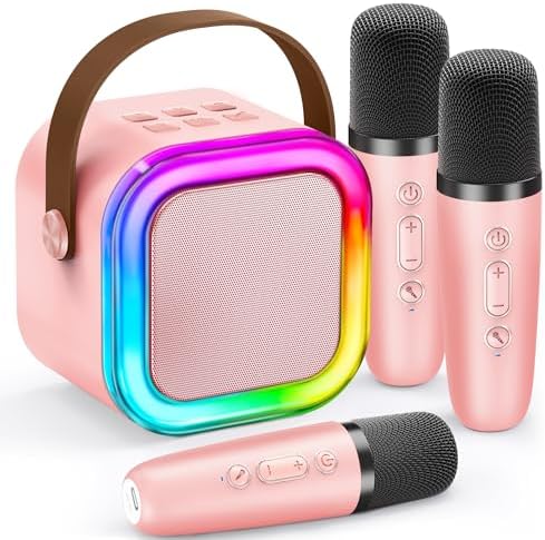 IROO Mini Karaoke Machine for Kids, 2025 TOP Toys Birthday Gifts Ideas for Girls Ages 4, 5, 6, 7, 8, 9, 10, 12+ Years Old, Portable MP3 Player with 3 Wireless Mics for Party