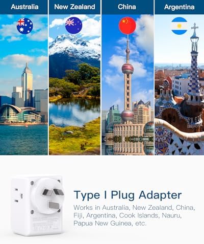 2 Pack Australia New Zealand Power Plug Adapter, Australia Travel Adapter with 3 American Outlets 3 USB Charging Ports (1 USB C), Type I Plug Adapter for US to Australia, Argentina, China