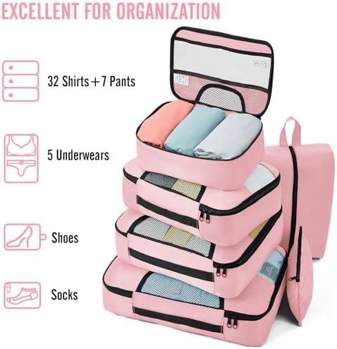 Veken 8 Set Packing Cubes for Travel Essentials, Pink Suitcase Organizer Bags in 4 Sizes, Carry-On Luggage Accessories with Large Laundry & Hanging Toiletry Bag, Must-Have for Airplane, Road Trip