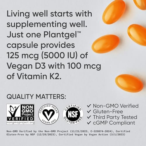 Sports Research® Vitamin D3 + K2 w/ Coconut Oil - Vegan Vitamin D 5000iu & Mk7 Vitamin K 100mcg for Bone & Immune Support - Vegan Certified · Non-GMO · Soy Free - 60 Softgels