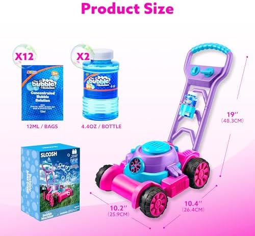 SLOOSH Bubble Lawn Mower Toddler Toys - Kids Bubble Machine Summer Outdoor Push Toy Games, Backyard Garden Outside Play Toddlers Preschool Boys Girls Birthday Gifts (Pink)