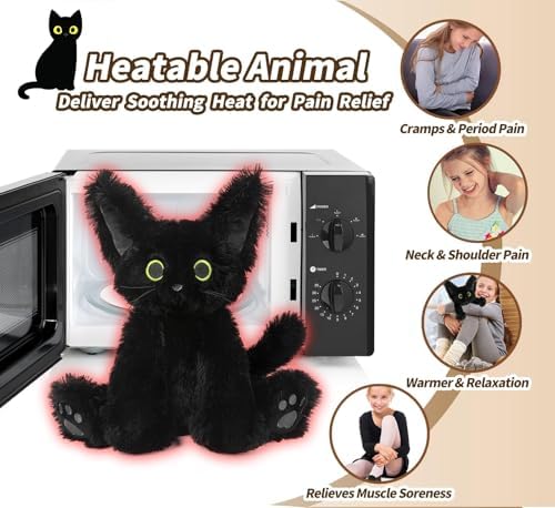 Cuckool Black Cat Stuffed Animals, Microwavable Stuffed Animals Heating Pad for Cramps, Pain Stress Relief, Heatable & Coolable Lavender Scented Cat Plush Toys for Anxiety, Women & Kids Bedtime