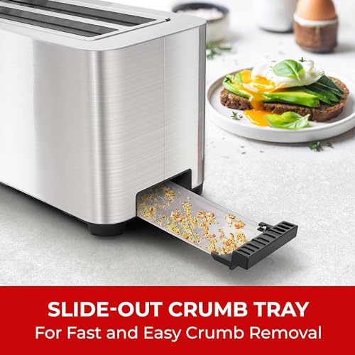 Mueller UltraToast Full Stainless Steel Toaster 4 Slice, Long Extra-Wide Slots for Bagels and Waffles, 6 Browning Levels, LED Display, Cancel/Defrost/Reheat Functions & Removable Tray, Kitchen Gadgets