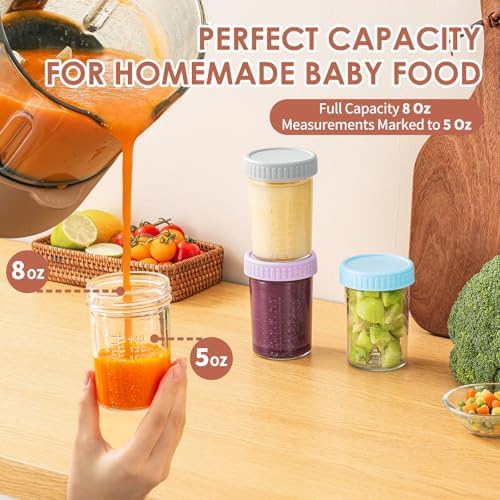 DRKIO 6 Pack Glass Baby Food Storage Containers - 8 Oz Baby Food Jars with Lids Baby Food Maker Microwave Dishwasher Freezer Safe 100% Leak Proof BPA Free Reusable
