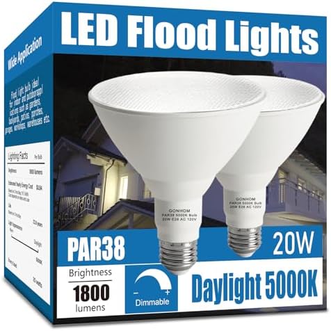 Par38 led Flood Lights Outdoor Light Bulb 2 Pack,Dimmable 5000K Daylight 1800LM,20W Replace up to 200W,Outdoor Flood Light Bulbs for Backyard,Garage,Porch,Garden