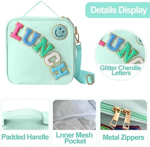 Insulated Lunch Bag With Adjustable Shoulder Strap, Nylon Preppy Lunch Box Large Insulated Lunch Bag Reusable Lunch Tote Bag with Smiley Preppy LunchBag for Girls School Travel Picnic (Green)