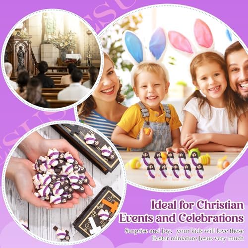 Bememo 100 Pcs Little Jesus Figures Jesus Loves You Original Design Rubber Pocket Toys Little Figures to Hide and Seek Sunday School Religious Party Share Gifts(Purple)