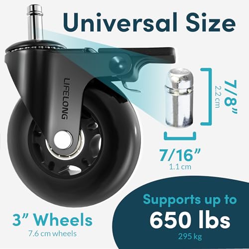 Lifelong Office Chair Wheels Replacement Rubber Desk Chair Casters for Hardwood Floors and Carpet, Set of 5, Quiet & Smooth Rolling Casters with Brakes for Chairs to Replace Office Chair Mats