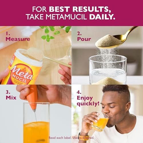 Metamucil 4-in-1 Daily Fiber Supplement, Psyllium Husk Powder for Digestive Health, Sugar-Free Fiber Supplement, Orange, Naturally Sourced Psyllium Husk Powder, 180 teaspoons