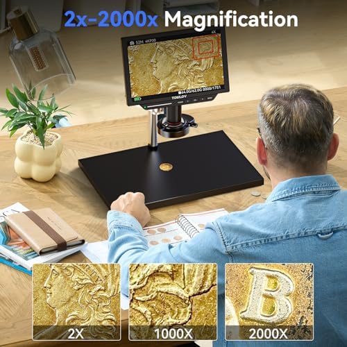 TOMLOV TM4K Max 4K Digital Microscope 2000x, 52MP Spin Arm Soldering Microscope for Adults, 10.1" HDMI Electronics Repair Microscopes with Ring Light, Larger Base LCD Coin Microscopes Full View, 64GB