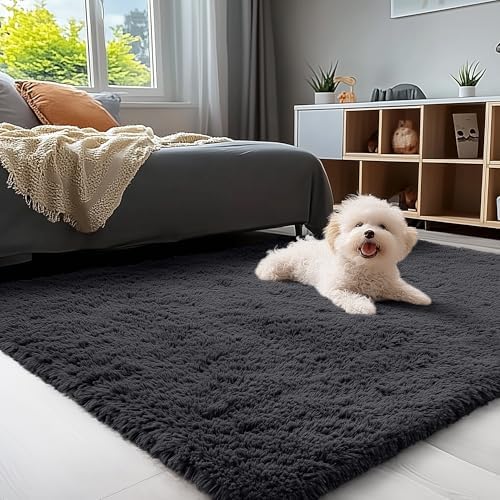 OLANLY Area Rugs for Living Room Bedroom, Machine Washable 4x5.9 ft Soft Fluffy Shaggy Bedside Rug, Indoor Floor Carpet for Kids Girls and Boys, Dorms, Nursery Rooms, Home Decor Aesthetic, Black