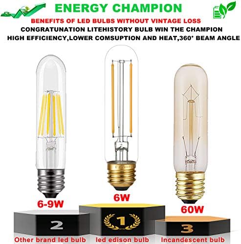 LiteHistory Dimmable E26 LED Bulb 4W Equal 40 Watt Warm White 2700K E26 Edison AC120V 400lm Tubular T9 T10 LED Light Bulb for Rustic Pendant,Chandeliers,Wall sconces 6Pack