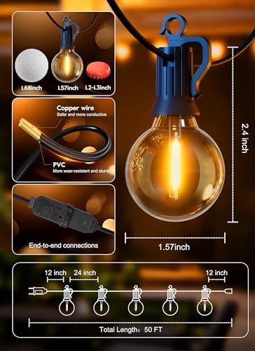 Brightown Outdoor String Lights, 50FT 25 G40 Bulbs Shatterproof Patio Lights, IP65 Waterproof Dimmable Hanging Connectable Globe LED Outdoor Lights for Backyard, Bistro, Porch, Deck, Balcony