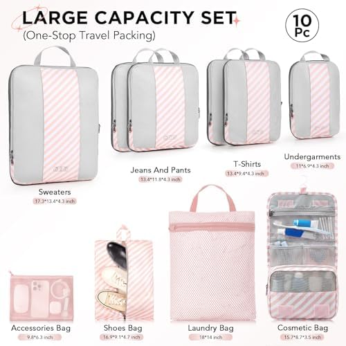 10 Set Compression Packing Cubes for Travel Essentials,Compressible Expandable Packing Cubes for Suitcase,OlarHike Luggage Organizer Bags for Travel,Handy Helper for Organizing Clothes(Pink Stripped)