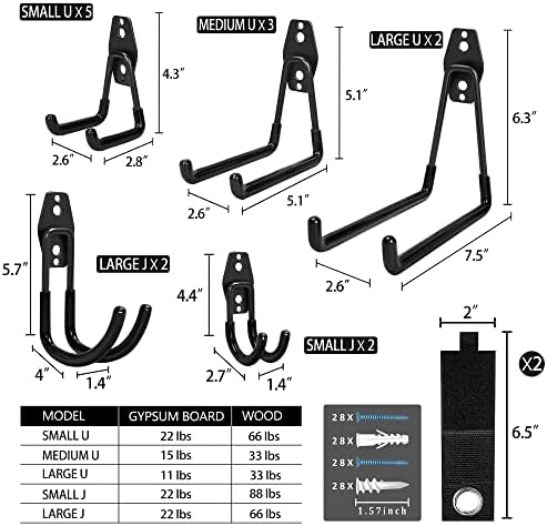 Steel Garage Storage Hooks - 16 Pack Anti-Slip Coating, Heavy Duty Wall Mount Hooks for Hanging Bike, Ladder, Garden Tools