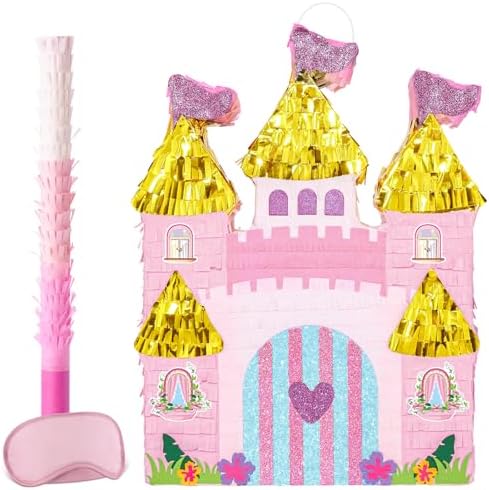 WERNNSAI Princess Castle Piñata - Princess Birthday Party Decorations Pink Princess Piñata with Blindfold and Bat for Birthday Girls Family Game Princess Theme Birthday Party Supplies 16.4” x 12.4”