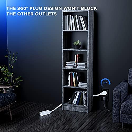 Maximm Cable 6 Ft 360° Rotating Flat Plug Extension Cord/Wire, 16 AWG Multi 3 Outlet Extension Wire, 3 Prong Grounded Wire - White - UL Certified