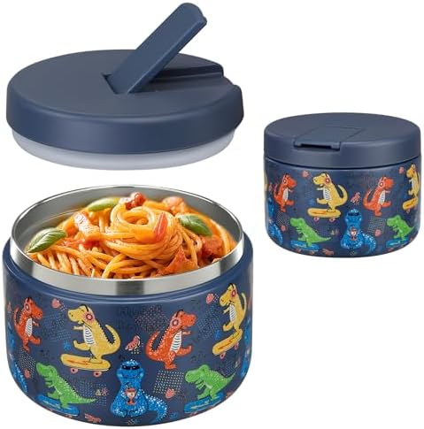 12oz Insulated Vacuum Food Jar with Buckle Lid Wide Mouth Soup Thermo for Hot Food Kids Leakproof Stainless Steel Lunch Container (Blue-Dinosaur)