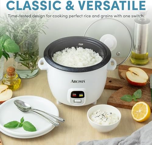 AROMA Rice Cooker, 3-Cup (Uncooked) / 6-Cup (Cooked), Small Rice Cooker, Oatmeal Cooker, Soup Maker, Auto Keep Warm, 1.5 Qt, White, ARC-393NG