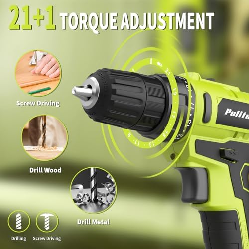 PULITUO'S 20V Cordless Drill/Driver, Electric Screwdriver - 2 Batteries, 30Nm, 21+1 Torque, 2 Speed, Keyless 3/8" Chase Drill with LED Light, Kit for Home (Green)